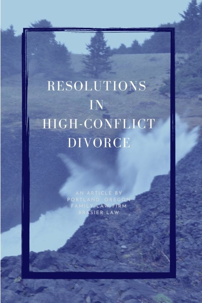 Finding resolutions in high-conflict divorce, a picture of waves hitting cliffs at the Oregon coast with text overlay saying finding resolutions in high-conflict divorce. Goes with article about Oregon divorce resolutions and high-conflict divorce.